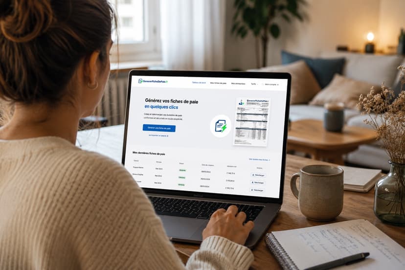Femme générant sa fiche de paie en ligne depuis son ordinateur portable à la maison
