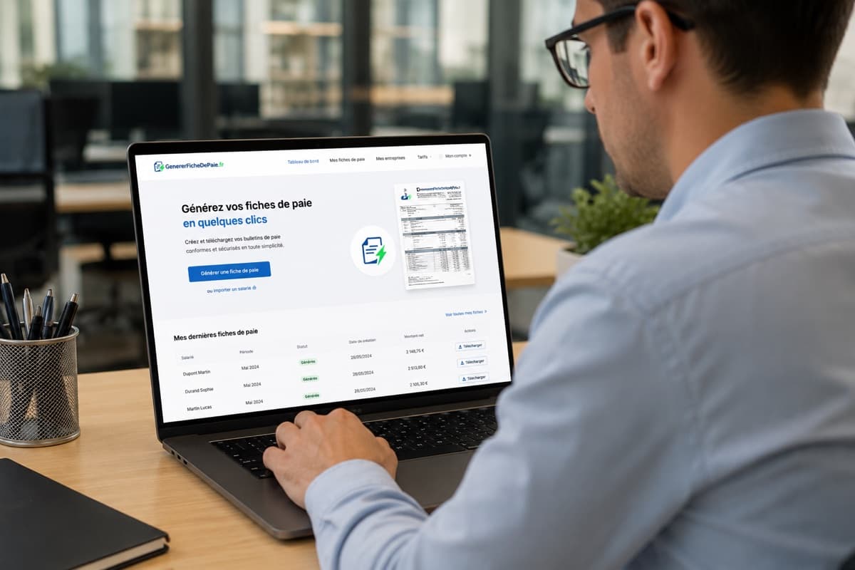 Dirigeant générant la fiche de paie de son entreprise sur GenererFicheDePaie.fr depuis son ordinateur portable au bureau